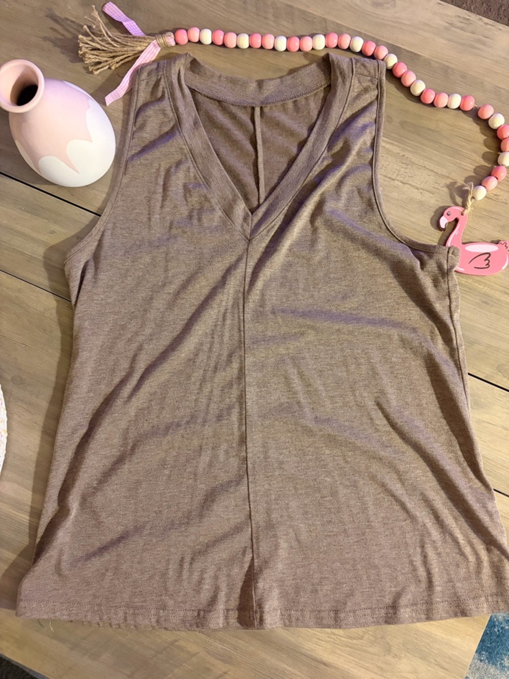 Sleeveless V-Neck Tank Top - Brownish/Taupe